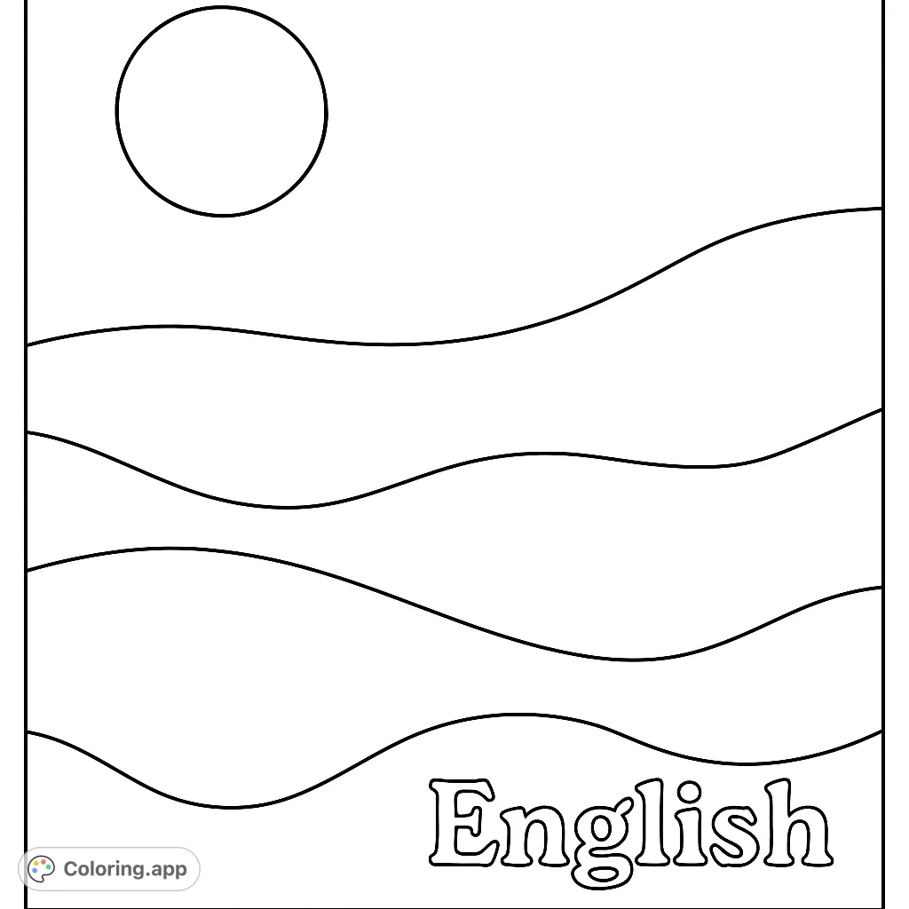 A serene minimalist landscape coloring page featuring a large sun over rolling, layered hills. Perfect for relaxation and creative expression.
