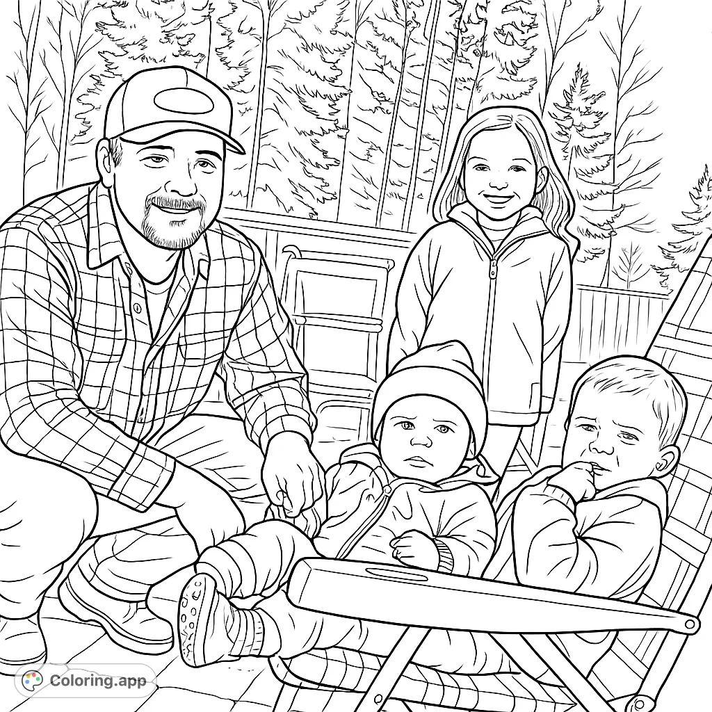A heartwarming family outdoor scene featuring a man, a girl, and two babies, perfect for a free printable family outdoor gathering coloring page.