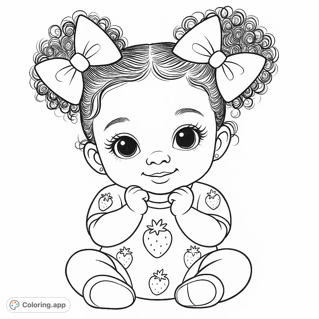 An adorable baby with curly pigtails and big bows, wearing a sweet strawberry-patterned outfit. A charming free printable coloring page for kids and adults.