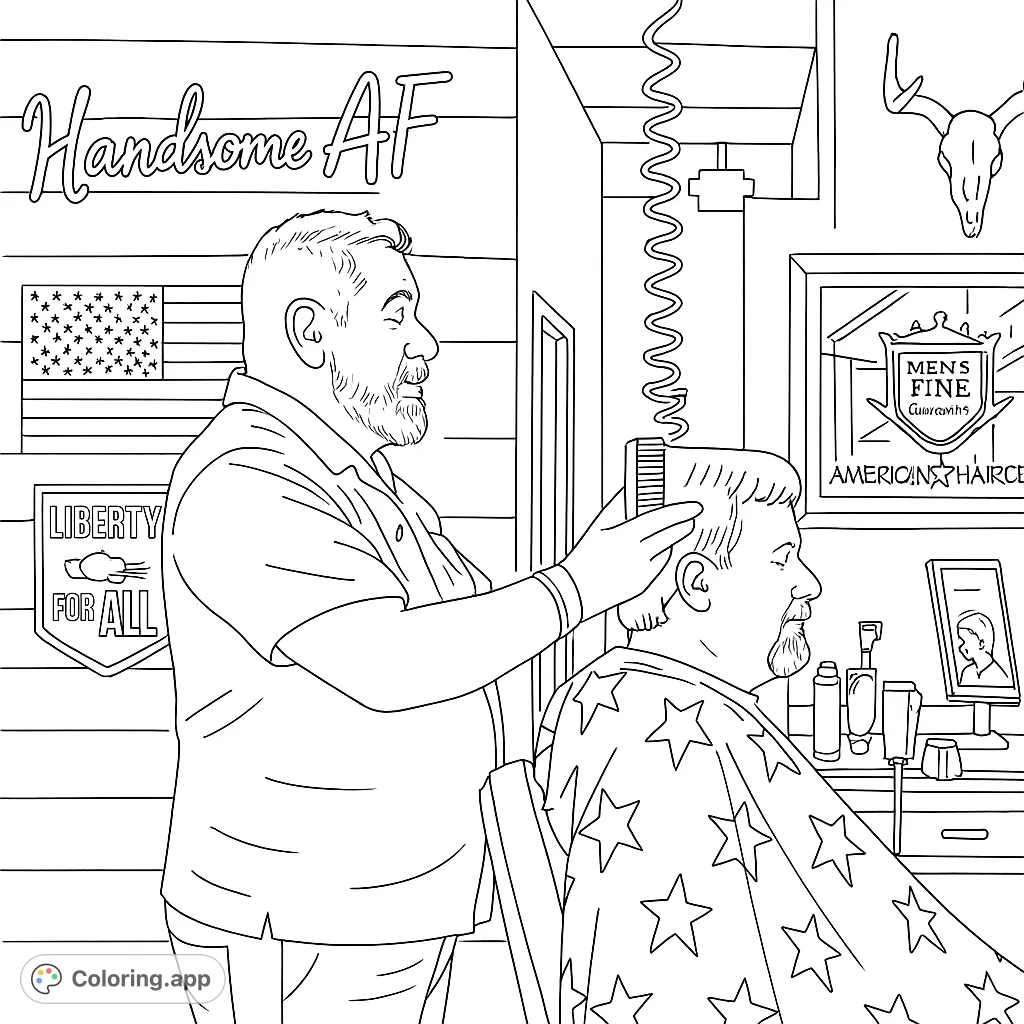 A detailed barbershop scene featuring a barber giving a haircut, surrounded by classic tools and patriotic decor. Perfect for a relaxing coloring experience.