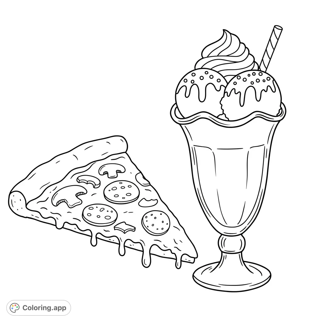 A delightful food coloring page featuring a classic pizza slice next to a delicious ice cream sundae topped with sprinkles, perfect for all ages.