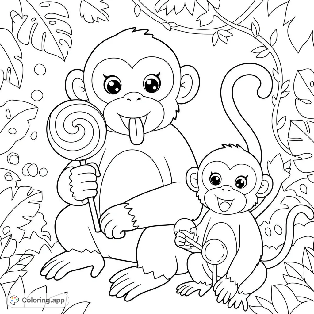 A delightful monkey coloring page featuring two playful monkeys enjoying lollipops amidst jungle leaves. A free printable coloring page for all ages!