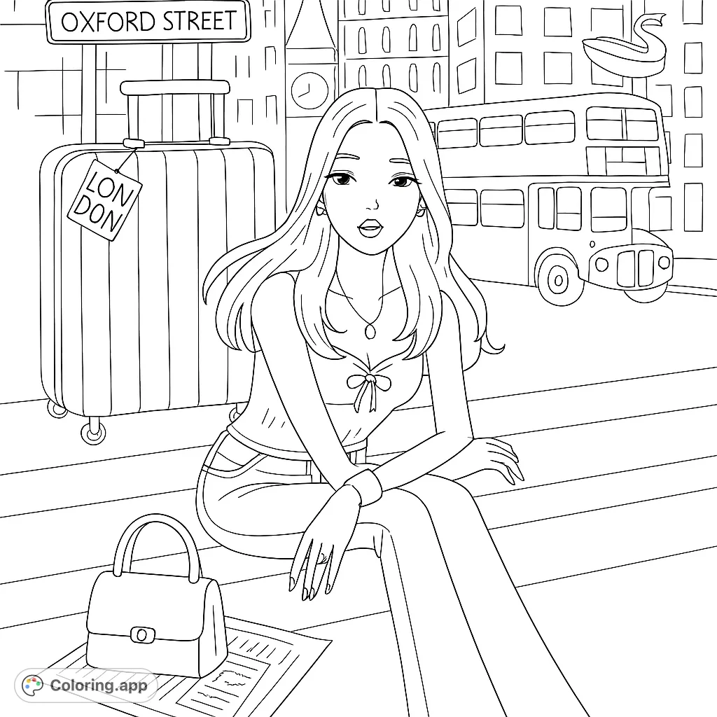 Stylish traveler in London with iconic landmarks like a double-decker bus and Big Ben. A chic London fashion coloring page, free printable.