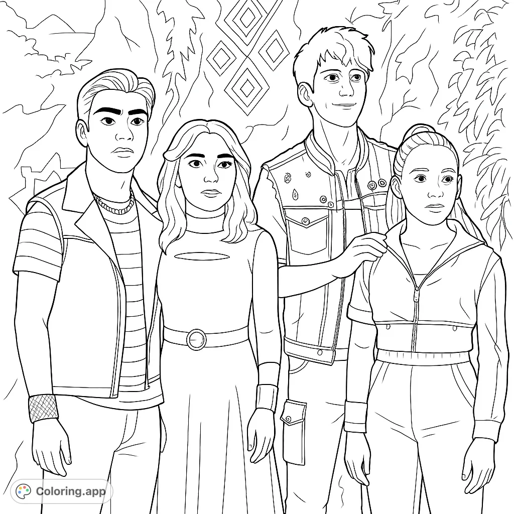 Four distinct characters, including one with green hair and pale skin, posed in an overgrown, textured environment. A captivating group portrait.