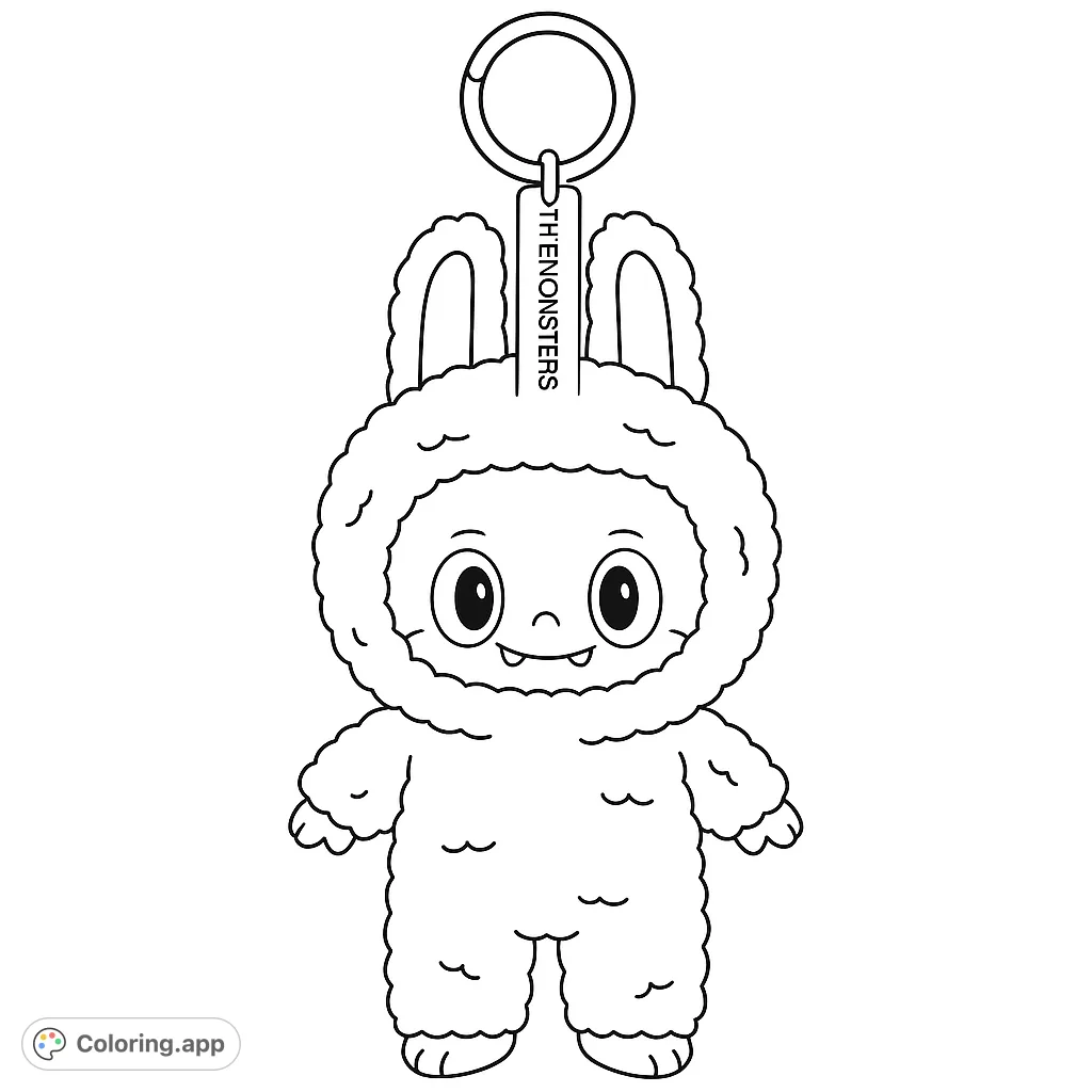 A charming fluffy monster in a bunny costume with a wide grin and big eyes, complete with a keyring. A fun, free printable coloring page for all ages.
