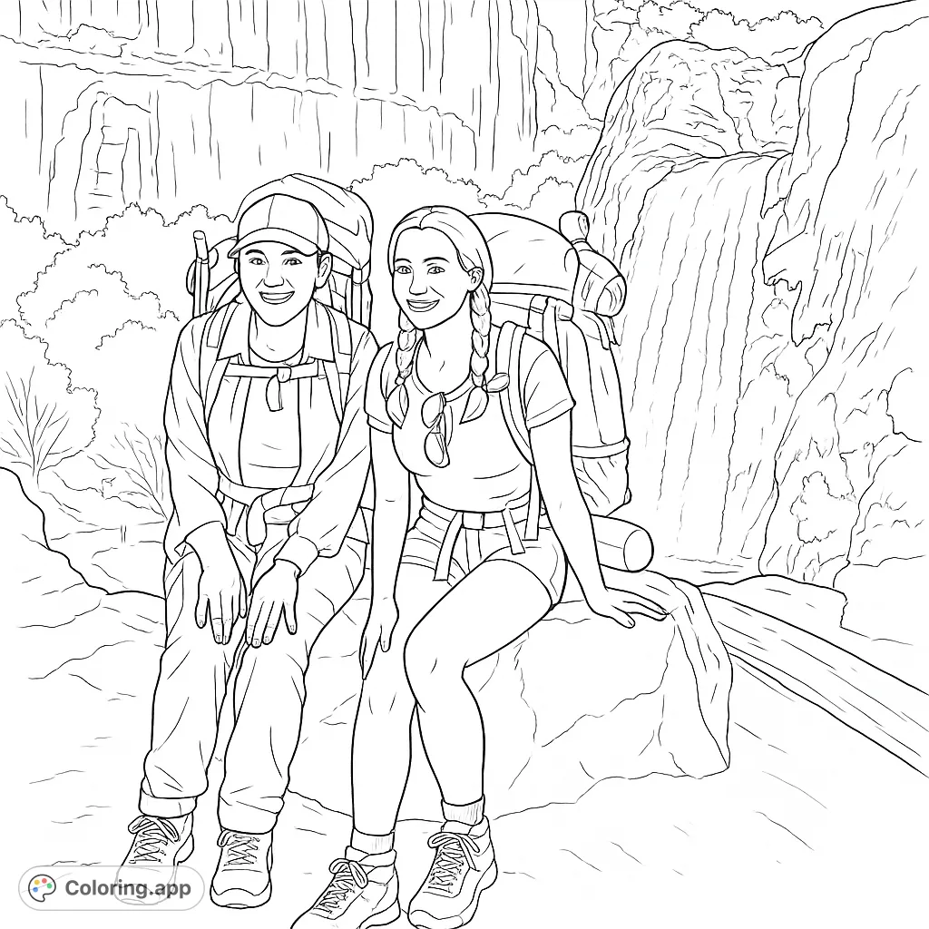 Two smiling hikers with backpacks rest by a majestic waterfall and towering red rock cliffs. A perfect adventure coloring page for nature lovers.