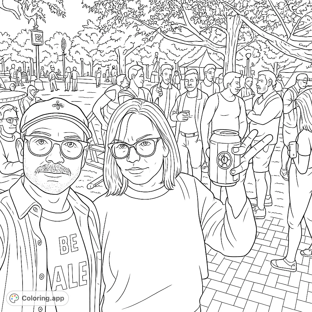 Lively outdoor festival scene with diverse crowd, trees, and tents. Perfect for a fun, free printable festival coloring page.