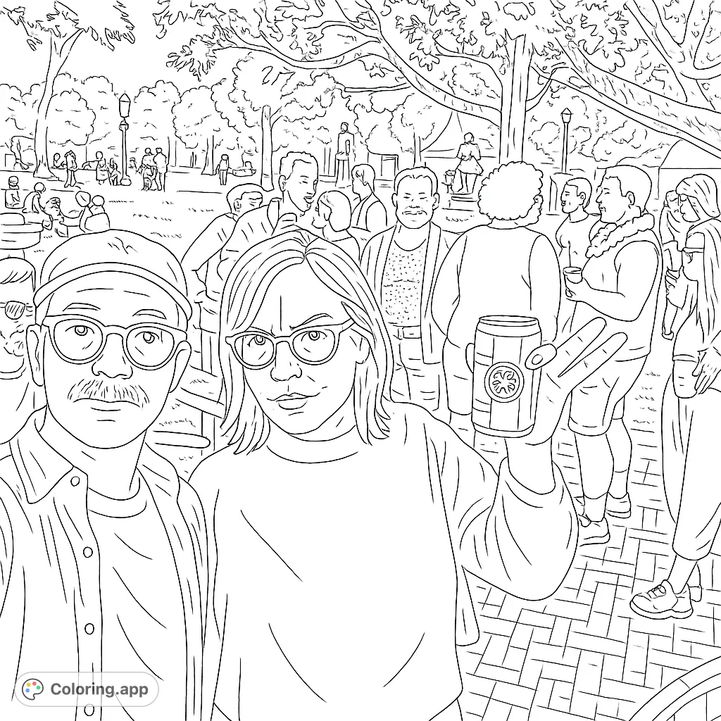A lively outdoor festival scene featuring two friends in the foreground, surrounded by a bustling crowd and park greenery, ready for vibrant colors.