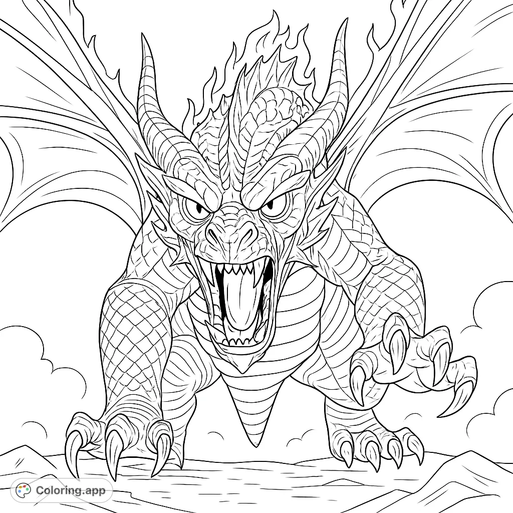 A powerful fire dragon with intricate scales and fiery wings, roaring with intense eyes, ready for a vibrant coloring adventure. Free printable dragon coloring page.