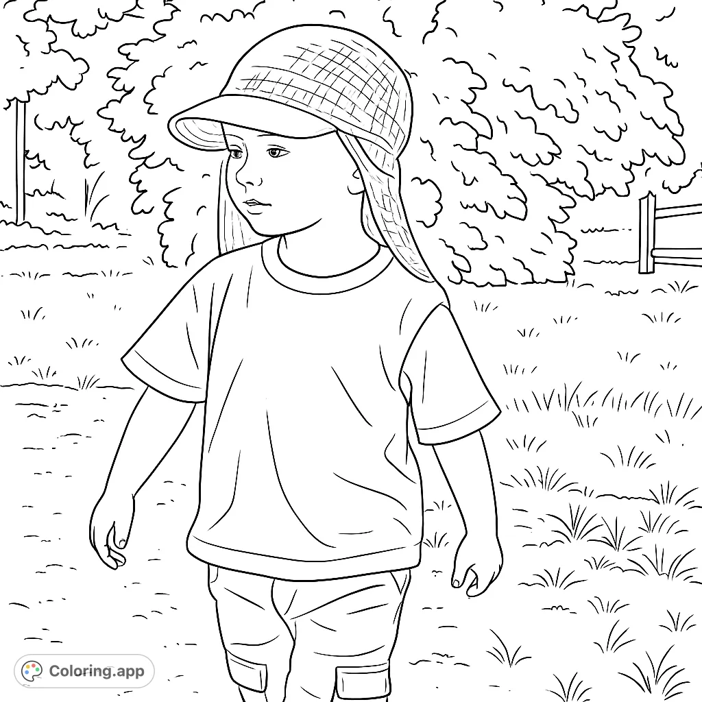 A charming child coloring page featuring a young explorer in a sun hat, walking on a sandy path amidst lush greenery, ready for outdoor adventures.
