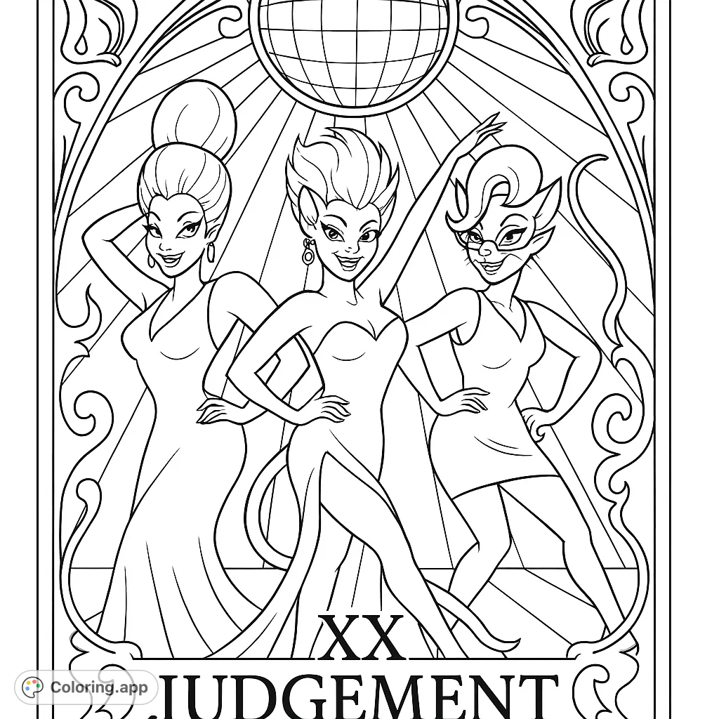 A glamorous feline disco coloring page featuring three stylish cat-like figures under a sparkling disco ball, framed by elegant art nouveau patterns.