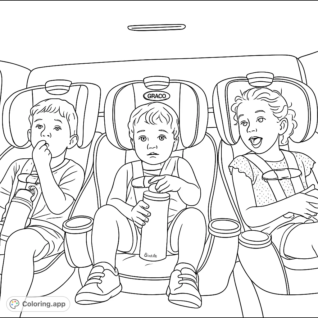 Three happy kids buckled safely in their car seats, ready for a fun road trip adventure. A delightful free printable coloring page for family travel enthusiasts.