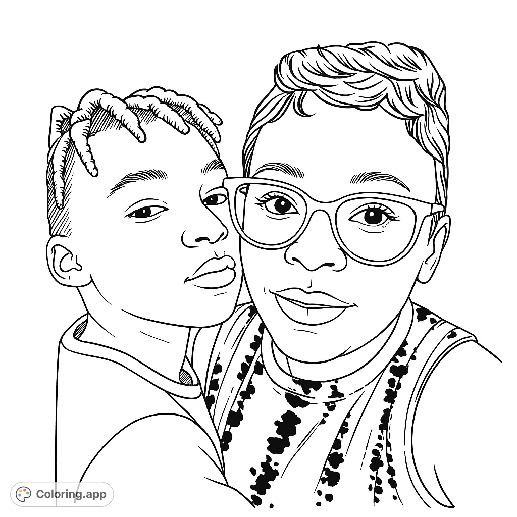 A heartwarming mother and child embrace, perfect for a family bond coloring page. Features detailed hair, glasses, and patterned clothing.