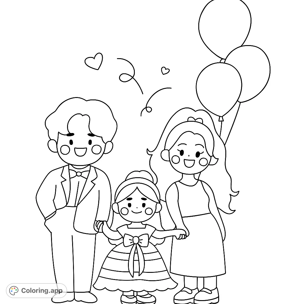 A charming family portrait featuring a father, mother, and daughter with balloons and hearts, perfect for a joyful coloring experience. Free printable family coloring page.
