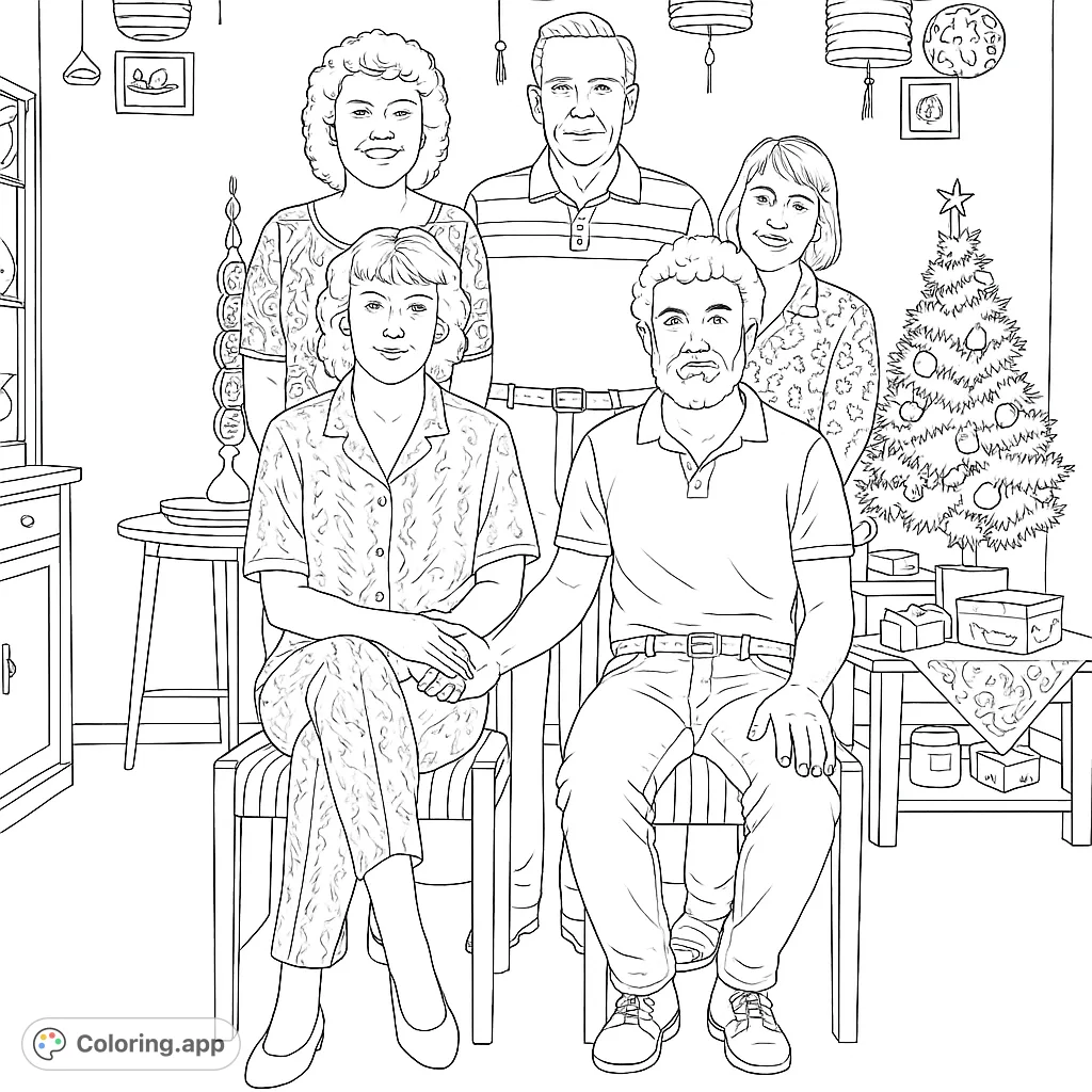 A heartwarming family holiday gathering featuring five people, a festive Christmas tree, and cozy home decor, perfect for a nostalgic coloring experience.