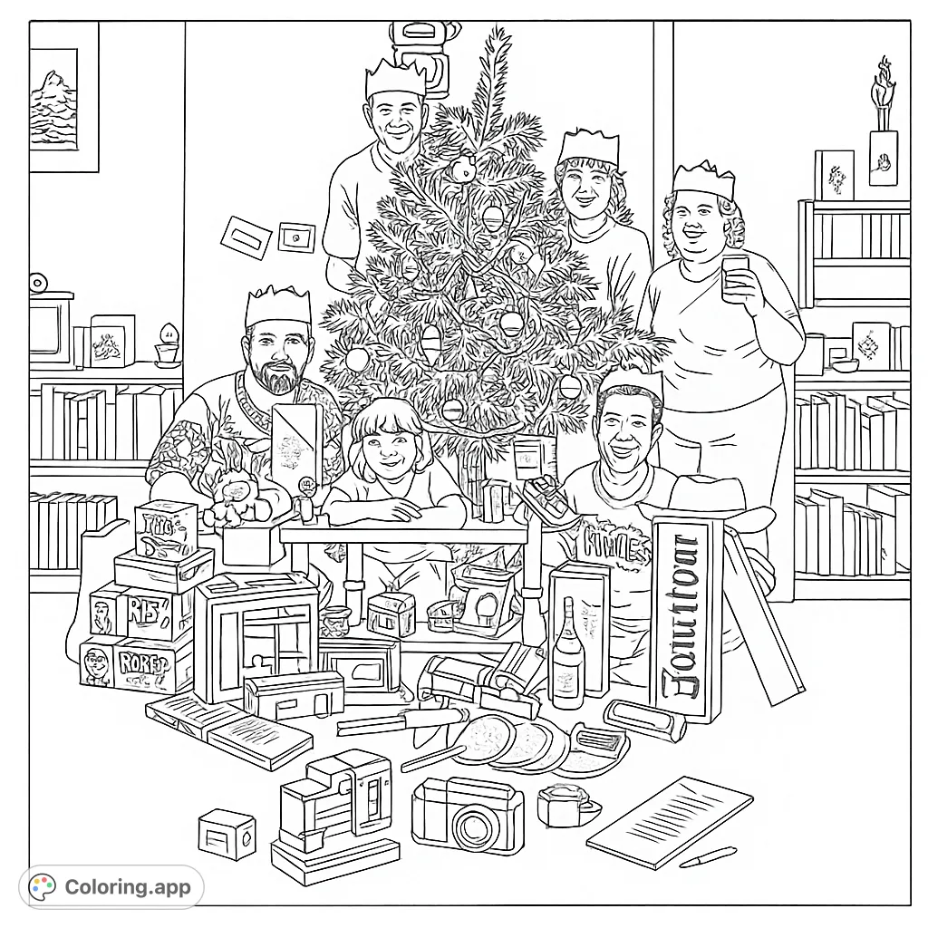 Celebrate the holidays with this festive gathering coloring page! Features a decorated tree, six cheerful people, and a pile of presents, perfect for all ages.