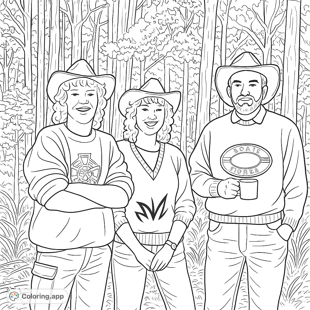 An engaging forest adventure coloring page featuring three friends in hats, ready for exploration. Perfect for nature lovers and outdoor enthusiasts.