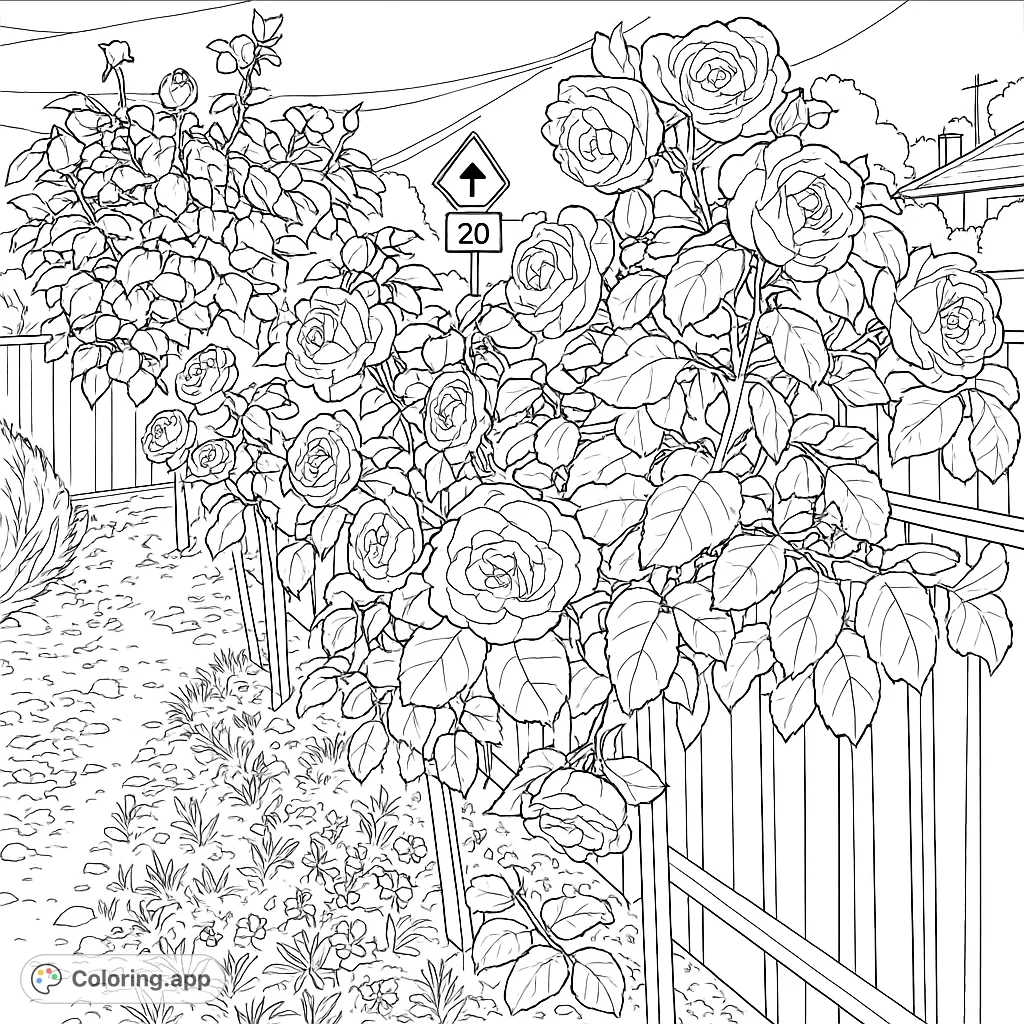 A beautiful rose garden coloring page featuring detailed blooms, lush leaves, and a charming picket fence, perfect for floral enthusiasts.