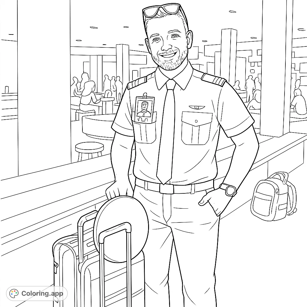 Color a confident pilot in his uniform, standing with luggage in a bustling airport lounge. Perfect for aspiring aviators and travel enthusiasts!