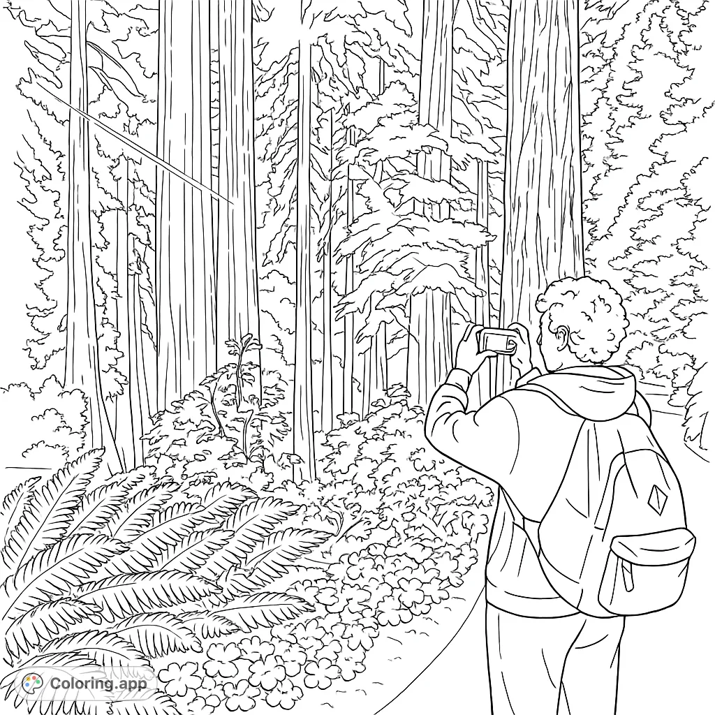 Explore a majestic redwood forest with a person capturing its beauty. This forest coloring page features towering trees, lush ferns, and a winding path.