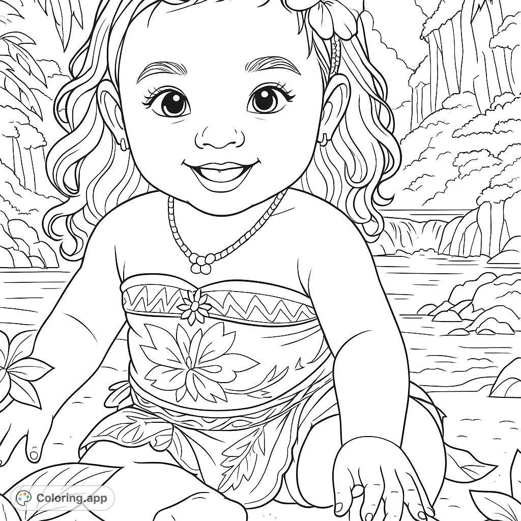 A delightful tropical baby coloring page, perfect for all ages. Features a smiling baby on a beach with palm trees and a waterfall.
