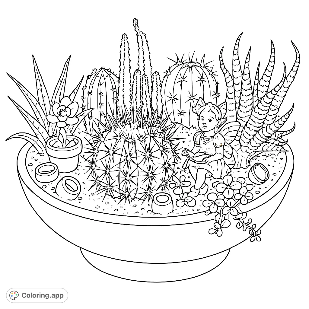 Explore an enchanting fairy garden coloring page featuring diverse cacti, succulents, and tiny fairy figurines nestled in a terracotta pot.