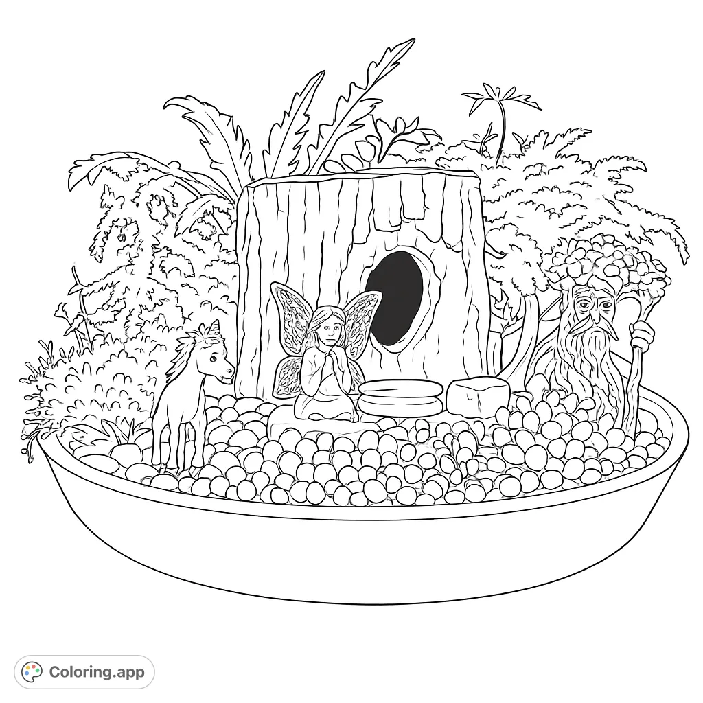 Discover a magical fairy garden with a tree stump home, a graceful fairy, a unicorn, and a wise tree spirit, surrounded by lush plants and tiny pebbles.