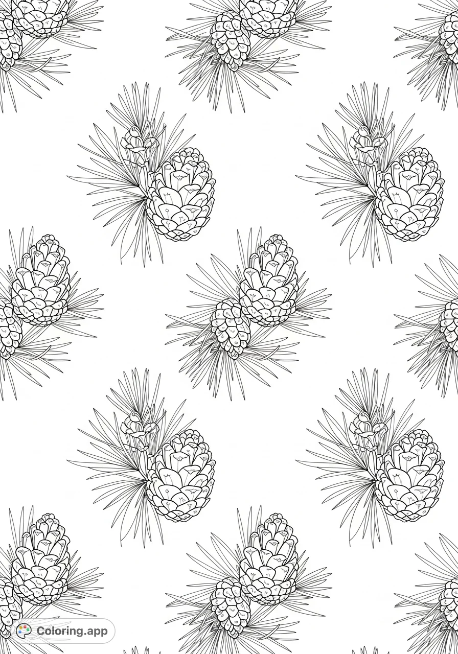 A serene pine cone pattern coloring page featuring detailed cones and delicate needles, perfect for nature lovers and mindful coloring.