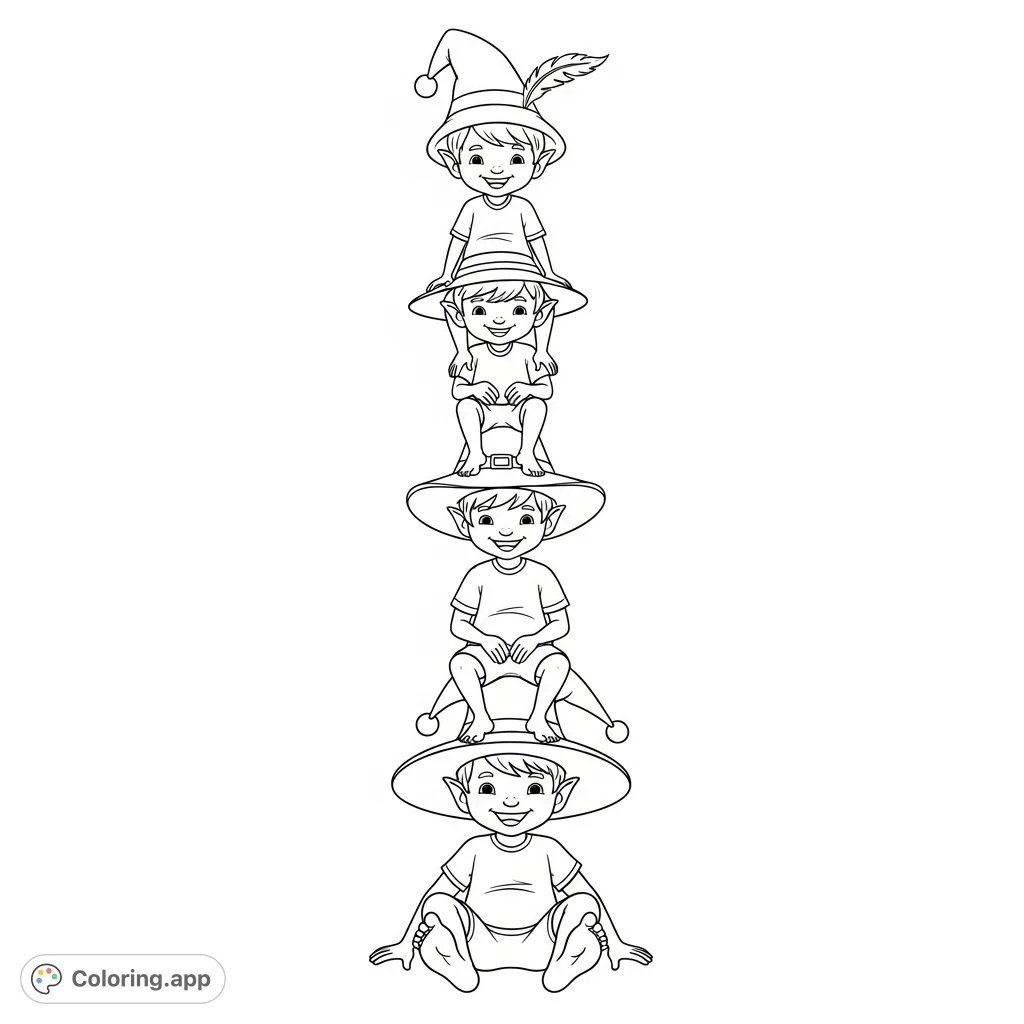 A whimsical elf coloring page featuring four smiling elves playfully stacked vertically, each with unique hats, t-shirts, shorts, and bare feet.