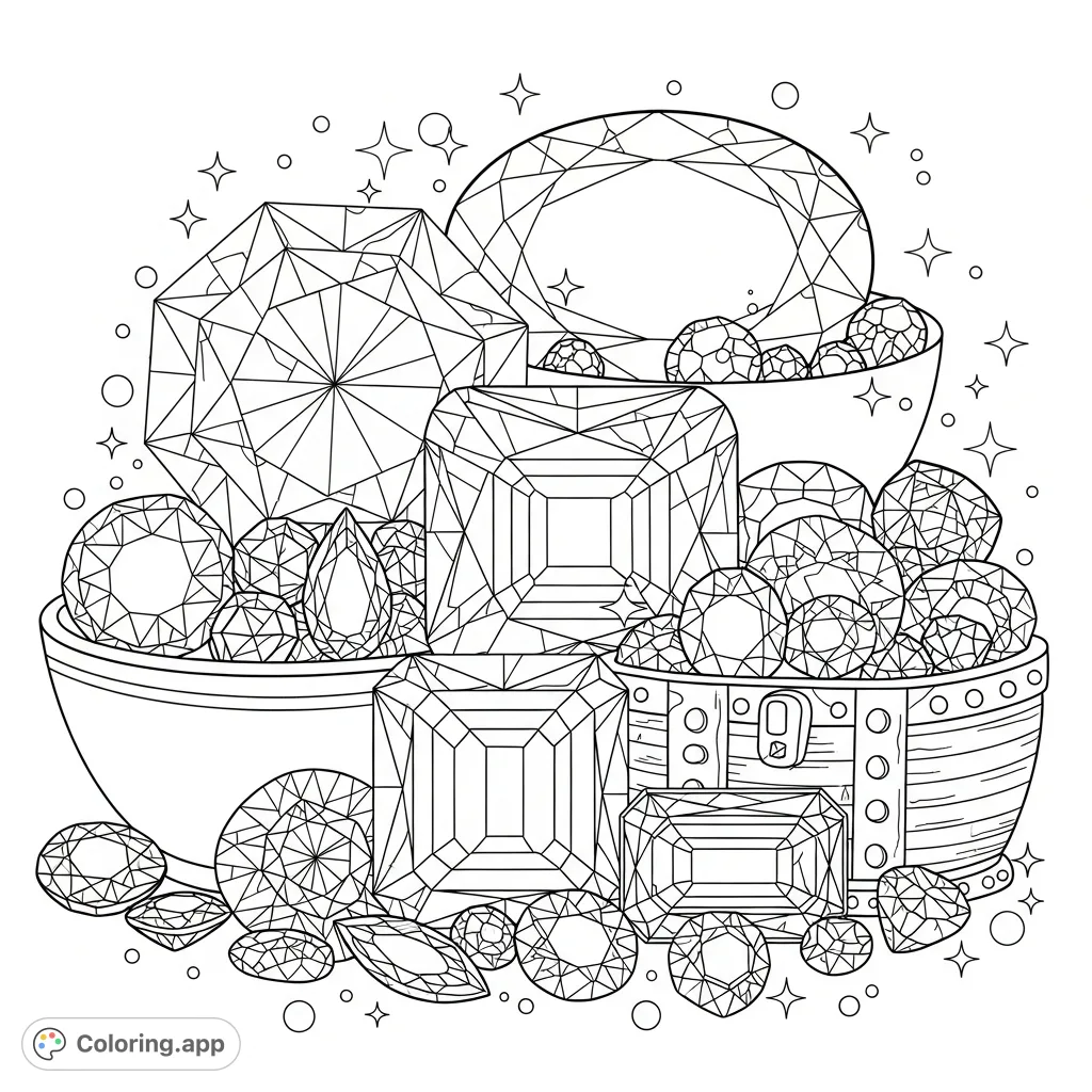 Discover a dazzling assortment of various cut gemstones in fancy bowls and treasure chests, complete with intricate facets and shimmering sparkle shapes.