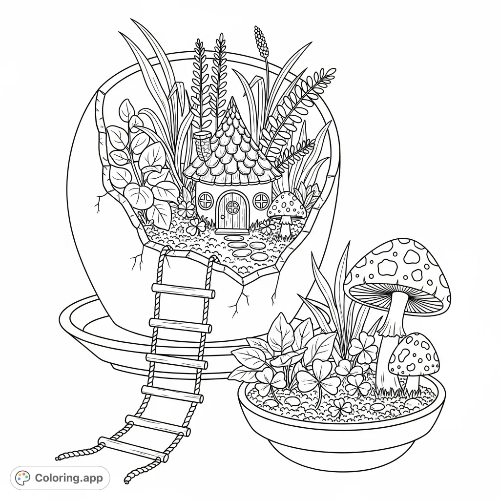 Explore a charming miniature fairy garden coloring page featuring a broken pot transformed into a whimsical home, complete with tiny plants and magical mushrooms.