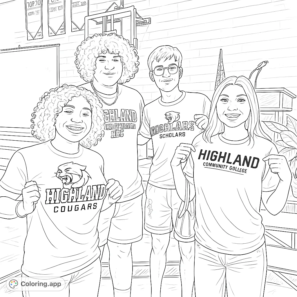 Four smiling students proudly display their college affiliation, celebrating academic success. A free printable academic achievement coloring page.