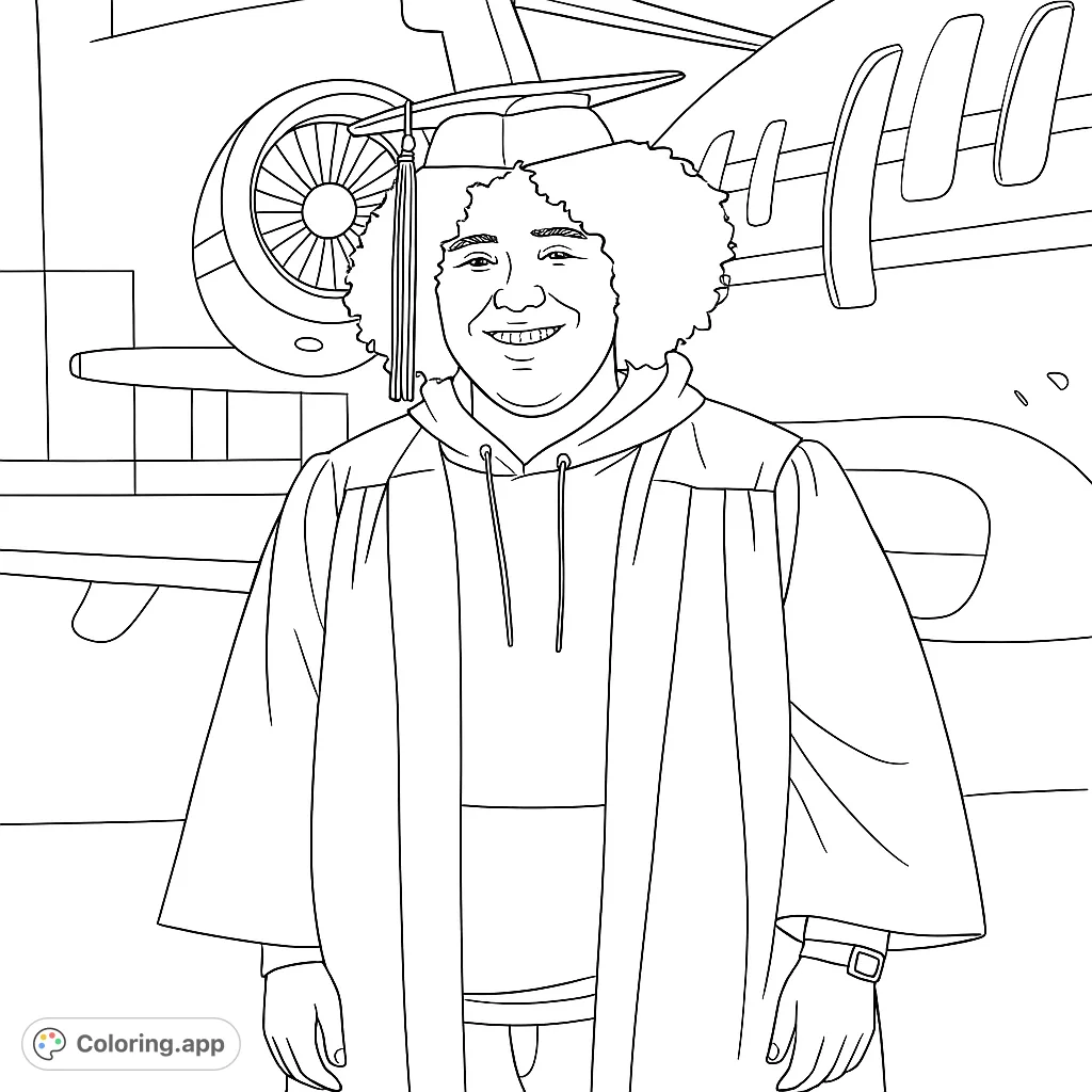 Celebrate success with this graduation coloring page featuring a smiling graduate in cap and gown against a private jet. Perfect for milestones!