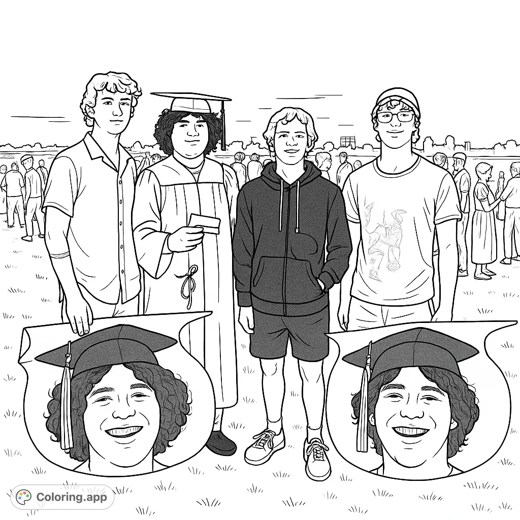 Celebrate achievement with this graduation coloring page featuring four friends and fun cap cutouts. A free printable coloring page for all ages.