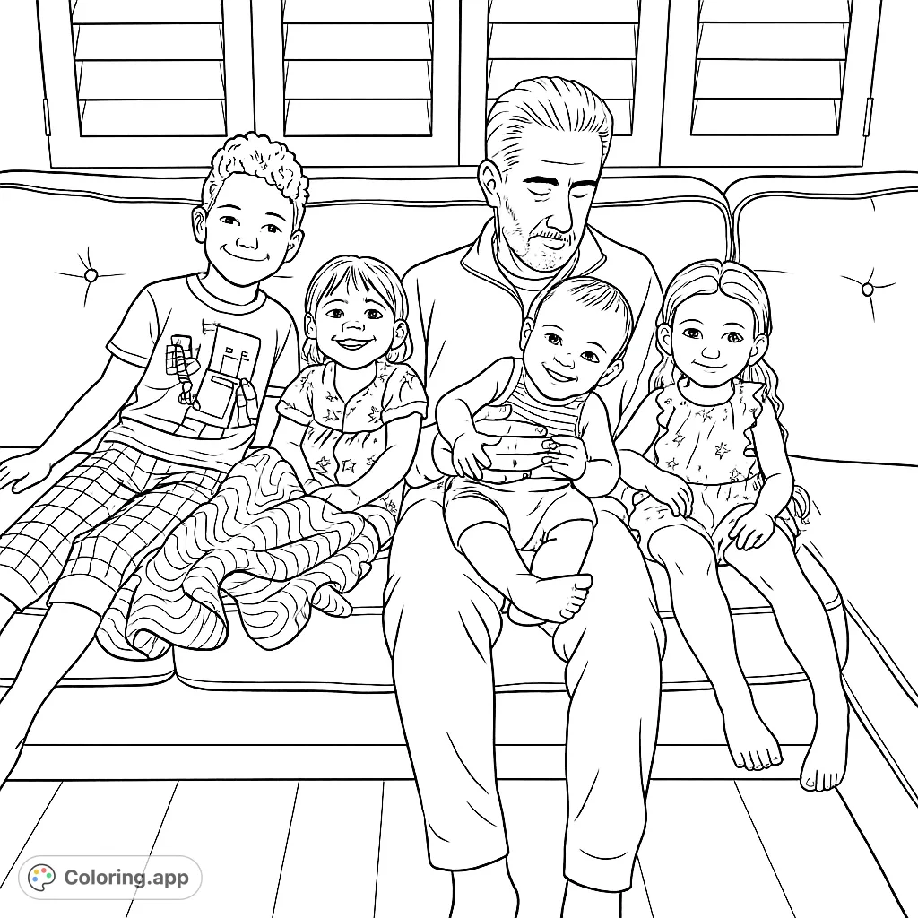 A heartwarming family coloring page featuring a man and four smiling children on a cozy couch. Free printable family bonding coloring page.