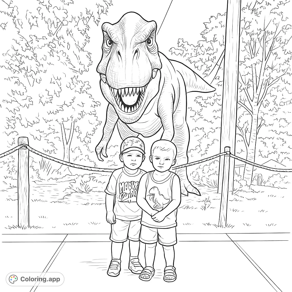 A thrilling dinosaur coloring page featuring a mighty T-Rex towering over two excited children, perfect for prehistoric adventures and creative fun.