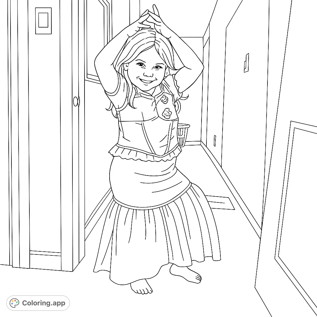 A joyful little girl in a mermaid costume, striking a playful pose. Perfect for a magical mermaid coloring page adventure, free printable for kids!
