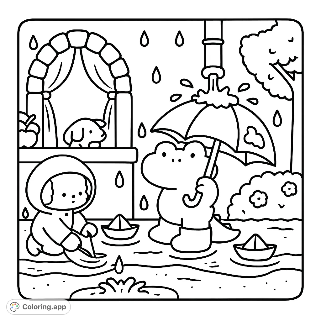 Adorable dog and hippo enjoy a rainy day, splashing in puddles with paper boats and umbrellas. A charming scene for all ages to color.