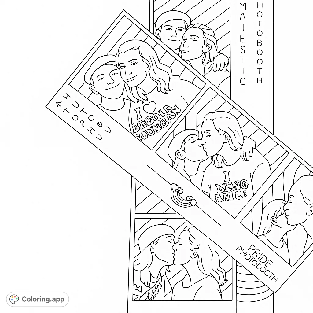 Capture joyful moments with this photobooth strip featuring a loving couple in various poses. Crisp lines and distinct areas for a delightful coloring experience.