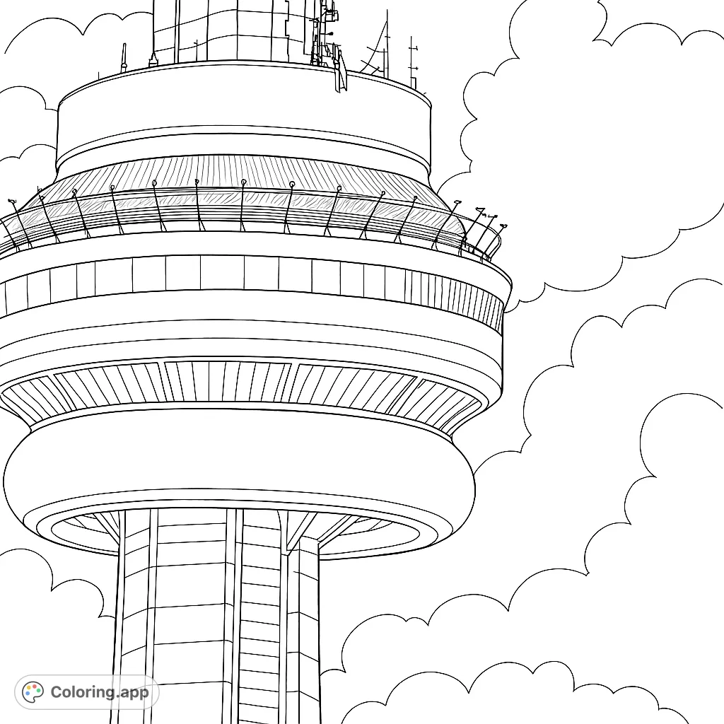 A detailed line drawing of a modern observation tower's upper levels, featuring a circular viewing deck and intricate antenna against a cloudy sky.