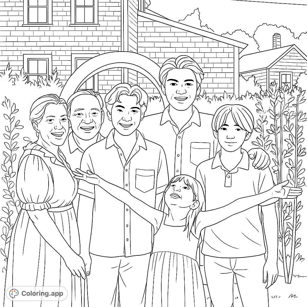 A heartwarming family portrait featuring six smiling members, perfect for a personalized family coloring page. Capture cherished moments with this free printable design.