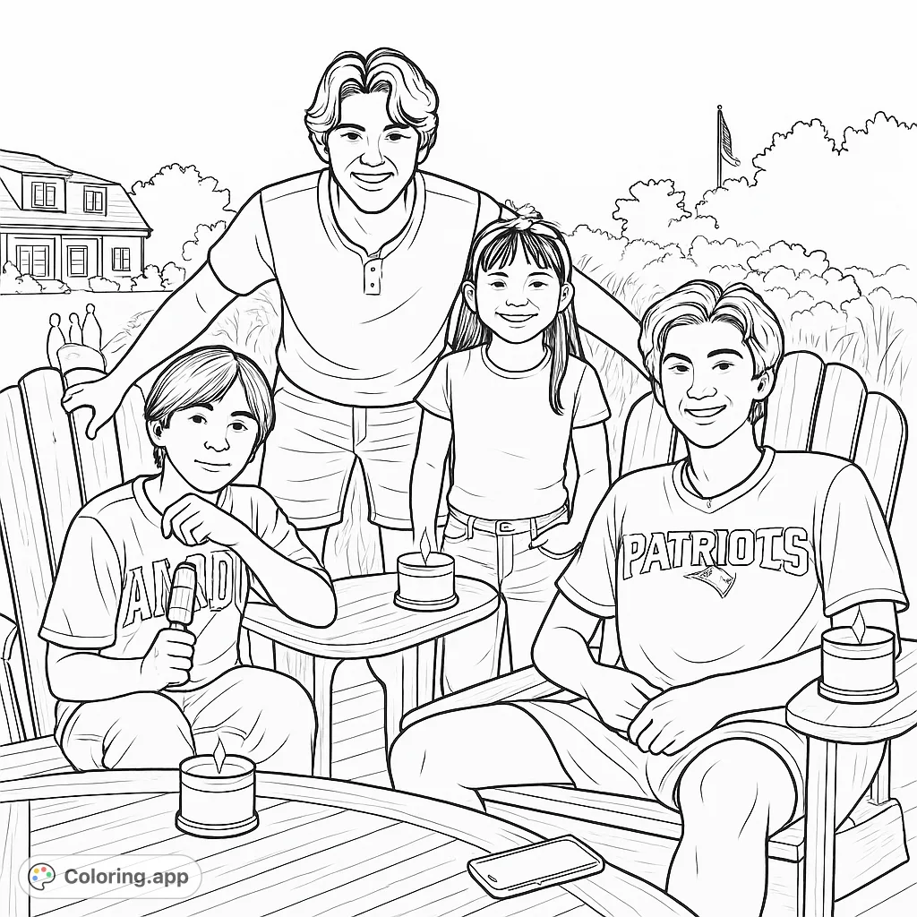 A heartwarming outdoor evening scene with four smiling individuals, wooden chairs, and glowing candles. Perfect for a family coloring page, free printable.