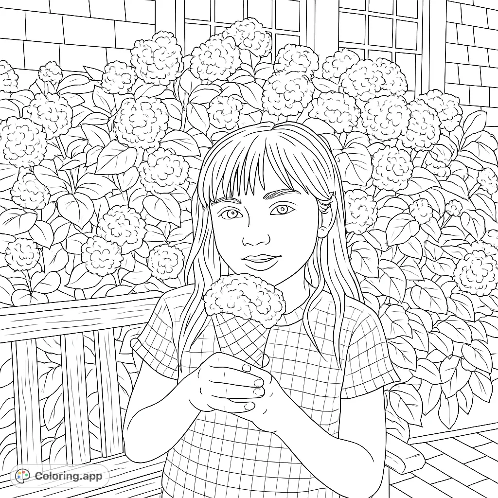 A joyful girl holds a sprinkle-covered ice cream cone, surrounded by vibrant hydrangeas and a charming summer backdrop. Perfect for a sweet coloring escape!