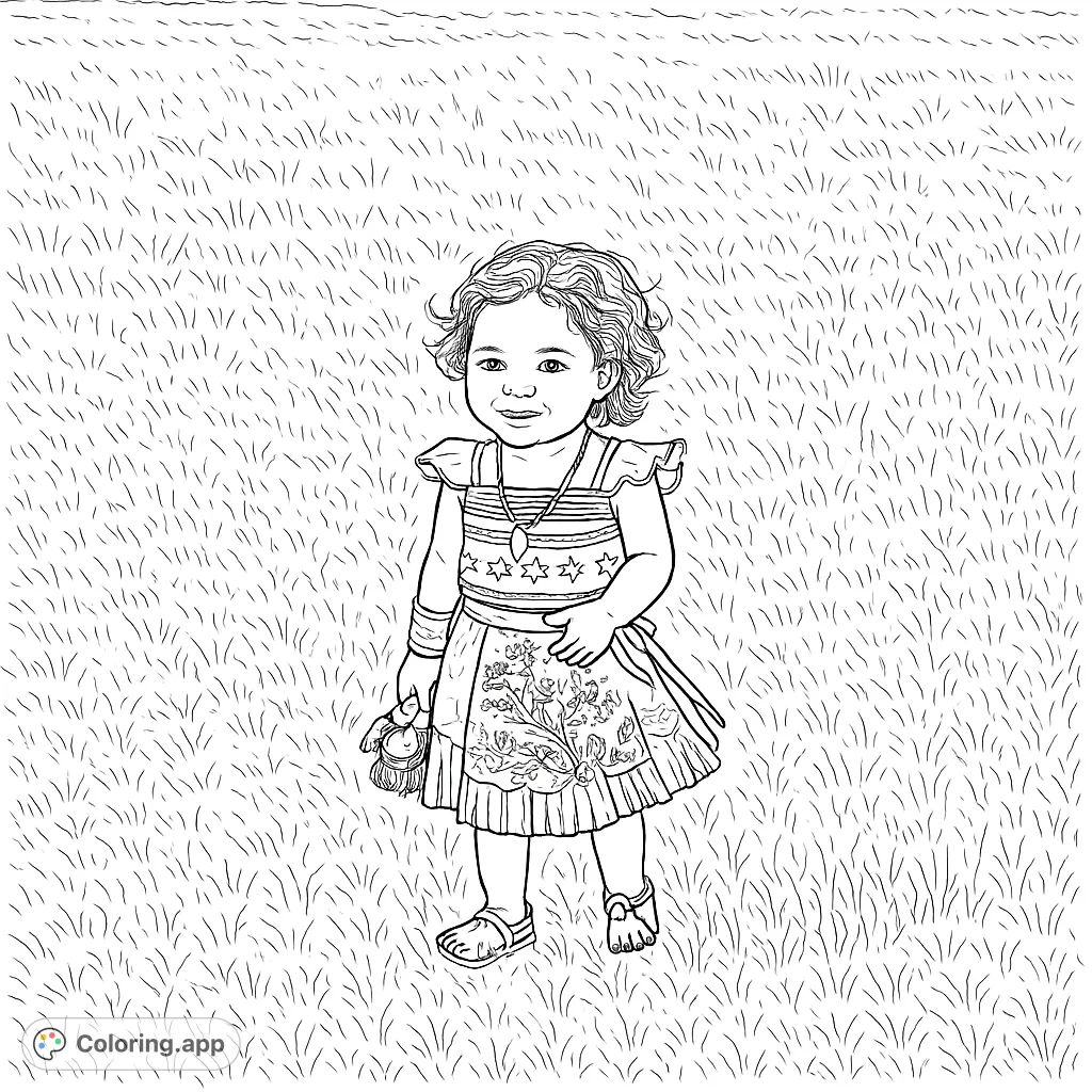 Adorable child in island-inspired costume, holding a doll and garland, ready for a tropical adventure. Perfect for imaginative play and creative coloring.