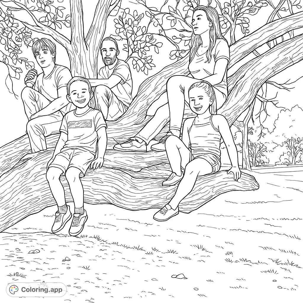 A joyful group of five people, including children and adults, happily perched on a large, gnarled tree branch in a park setting. A delightful nature scene.