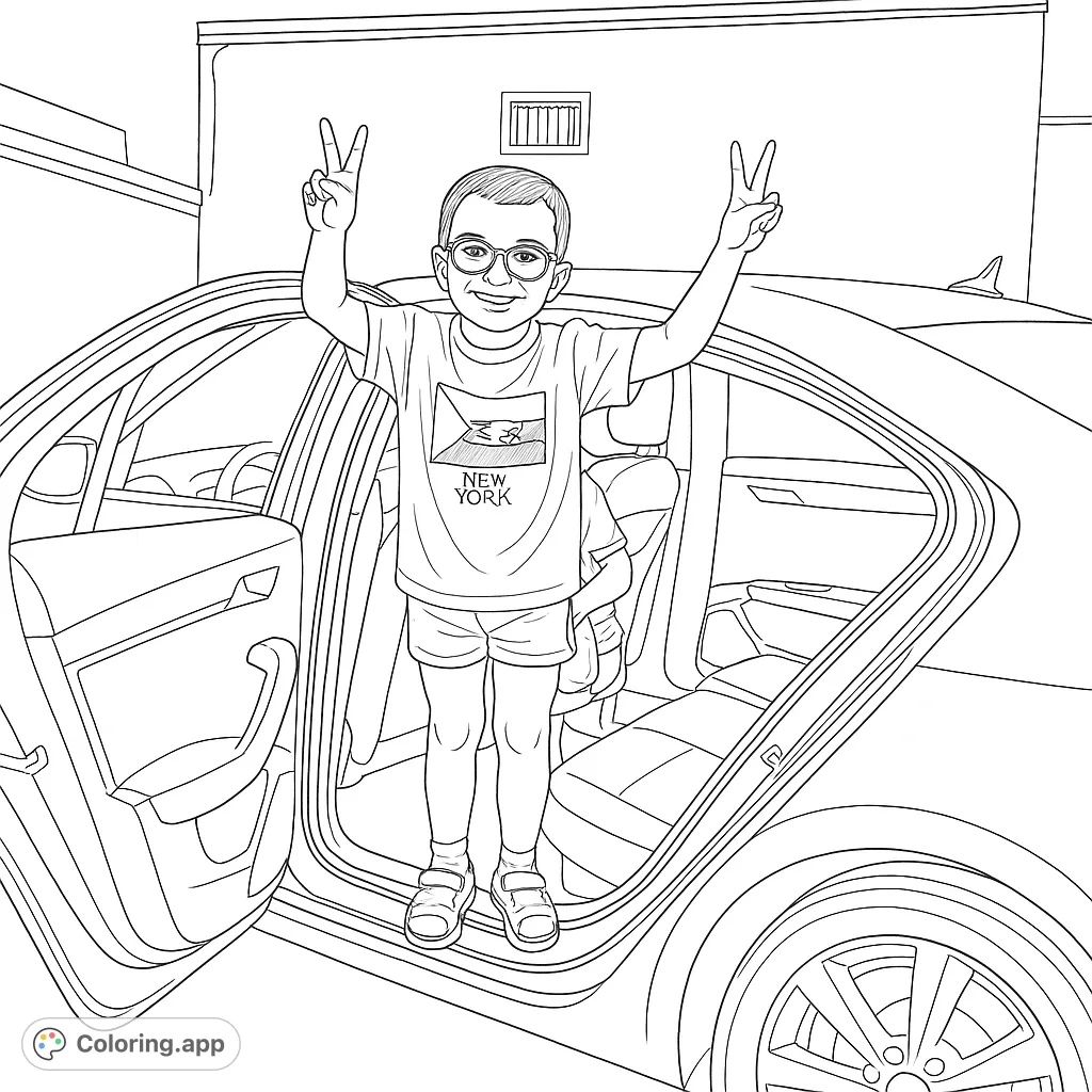 A cheerful boy stands in a car door, flashing peace signs. A fun, free printable car adventure coloring page for kids and adults.
