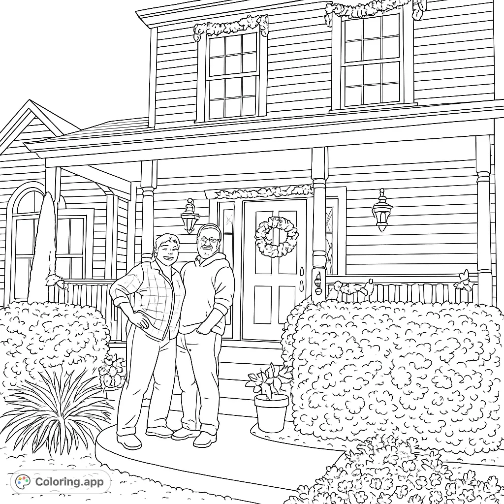 A charming holiday home coloring page featuring a festive house and a happy couple on the porch. A free printable design for all ages.