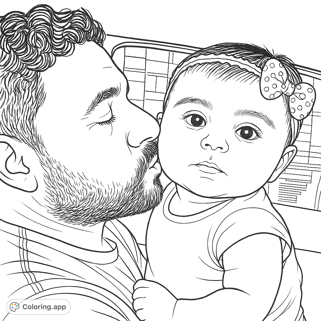 A heartwarming father-child coloring page featuring a dad tenderly kissing his baby's cheek. Perfect for celebrating family love and special bonds.