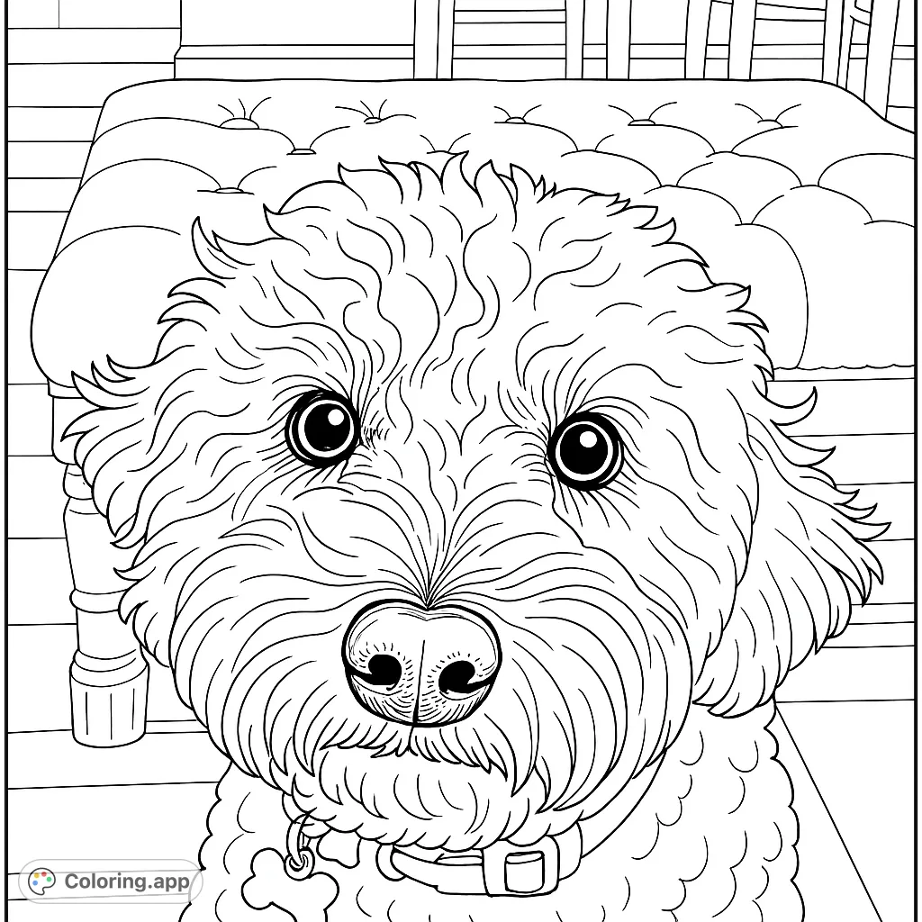 A charming doodle dog with fluffy fur and expressive eyes gazes forward, ready for a burst of color. A delightful pet coloring page.