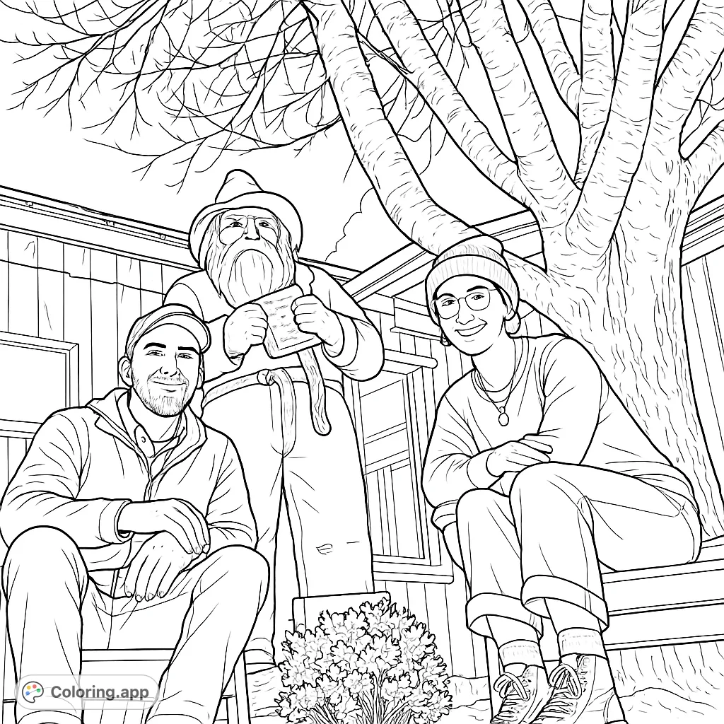A charming rustic scene featuring a friendly wooden giant playing a banjo, flanked by two smiling friends. Perfect for a cozy, outdoor-themed coloring adventure.